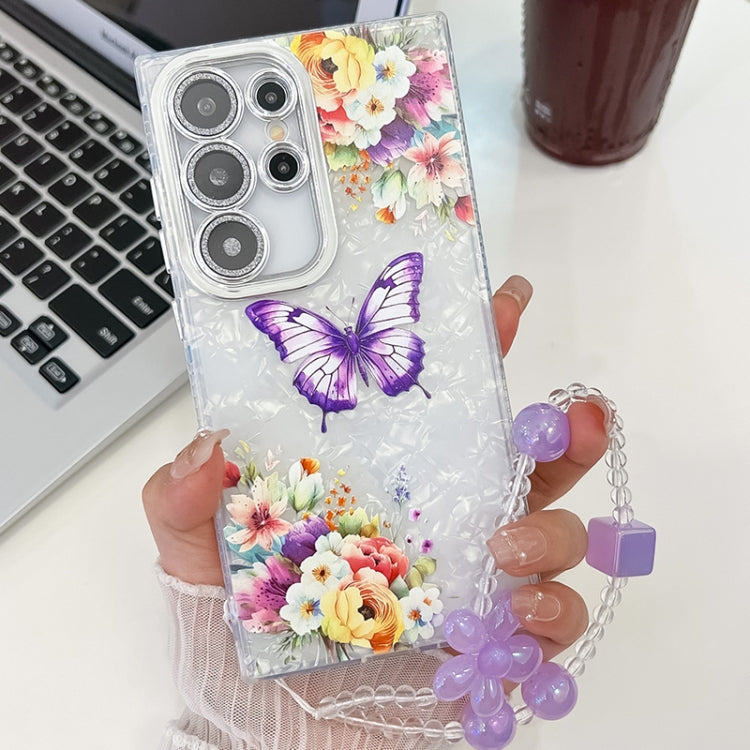 For Samsung Galaxy S23 Ultra 5G Plating Texture Butterfly Wristband TPU Phone Case with Glitter Lens Film