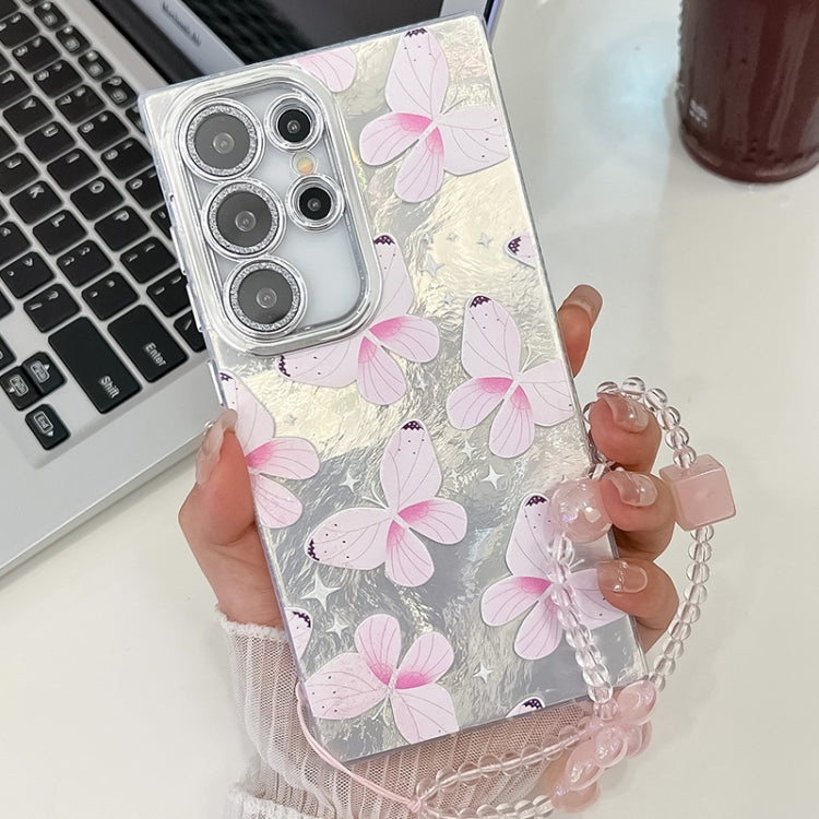 For Samsung Galaxy S23 Ultra 5G Plating Texture Butterfly Wristband TPU Phone Case with Glitter Lens Film