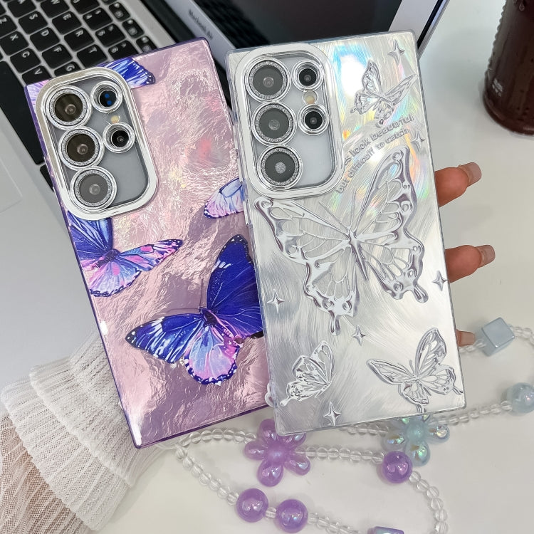 For Samsung Galaxy S25 Ultra 5G Plating Texture Butterfly Wristband TPU Phone Case with Glitter Lens Film