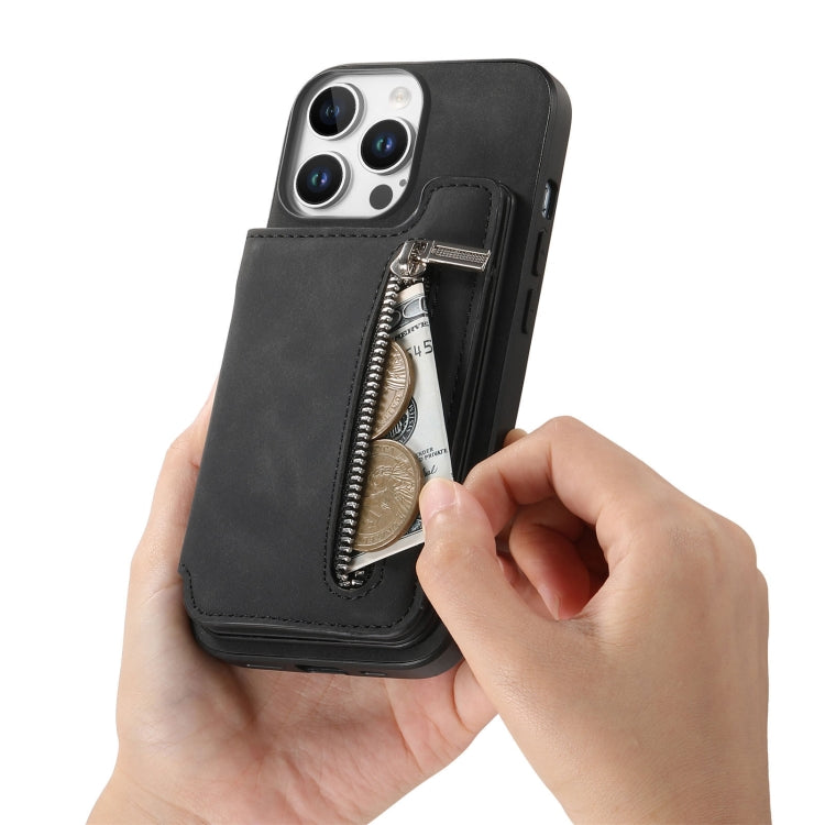 For iPhone 16 Pro Max Retro MagSafe Zipper Wallet Card Bag Back Phone Case