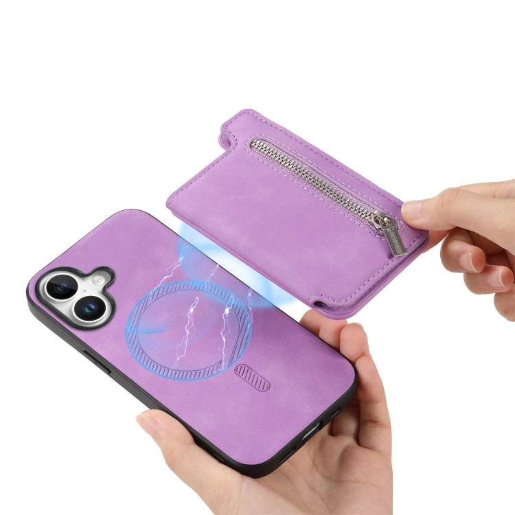 For iPhone 16 Retro MagSafe Zipper Wallet Card Bag Back Phone Case