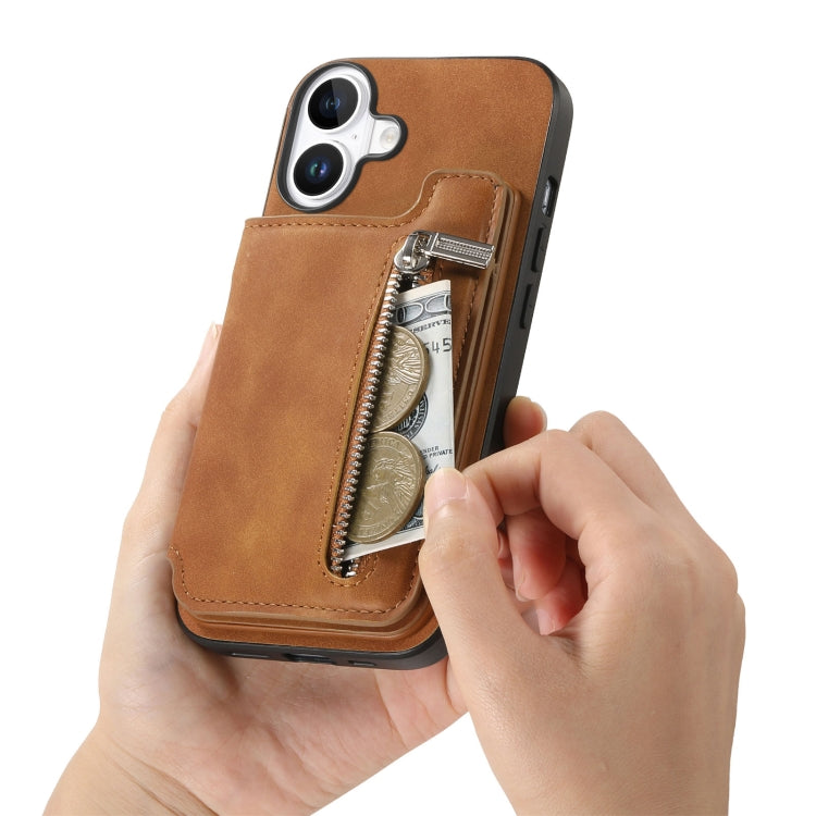 For iPhone 16 Retro MagSafe Zipper Wallet Card Bag Back Phone Case