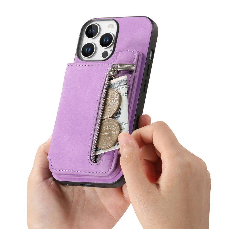 For iPhone 15 Pro Retro MagSafe Zipper Wallet Card Bag Back Phone Case