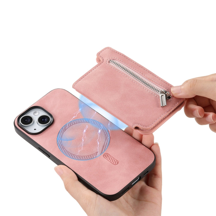 For iPhone 15 Plus Retro MagSafe Zipper Wallet Card Bag Back Phone Case