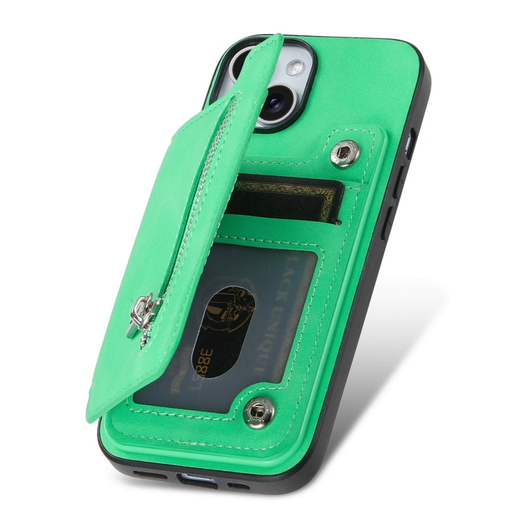 For iPhone 15 Plus Retro MagSafe Zipper Wallet Card Bag Back Phone Case