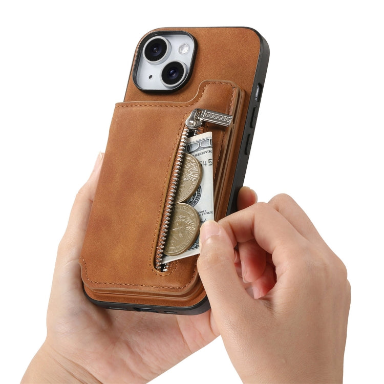 For iPhone 15 Plus Retro MagSafe Zipper Wallet Card Bag Back Phone Case