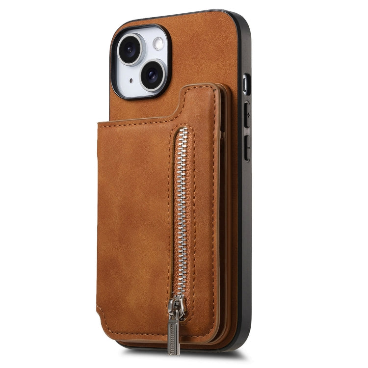 For iPhone 15 Retro MagSafe Zipper Wallet Card Bag Back Phone Case