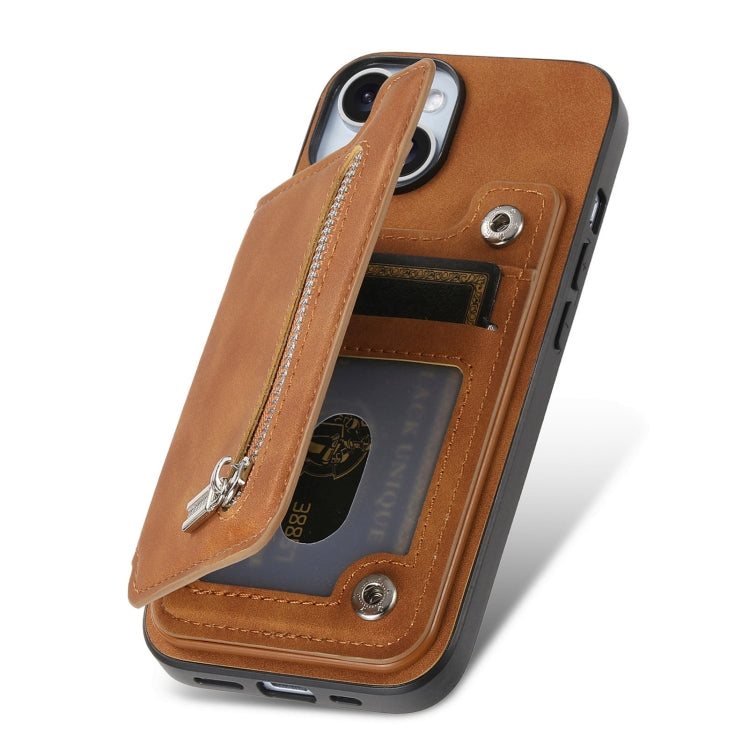 For iPhone 15 Retro MagSafe Zipper Wallet Card Bag Back Phone Case
