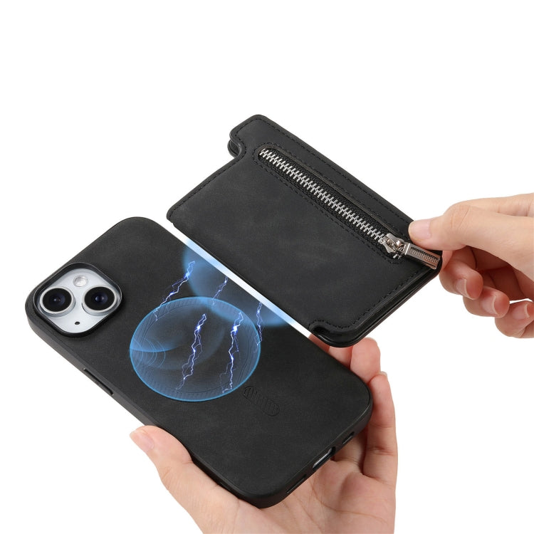 For iPhone 15 Retro MagSafe Zipper Wallet Card Bag Back Phone Case