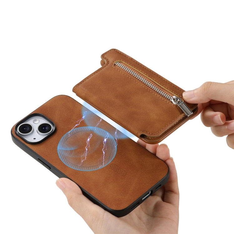 For iPhone 14 Plus Retro MagSafe Zipper Wallet Card Bag Back Phone Case