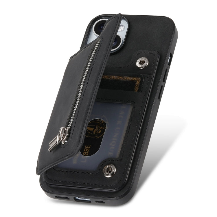 For iPhone 14 Plus Retro MagSafe Zipper Wallet Card Bag Back Phone Case