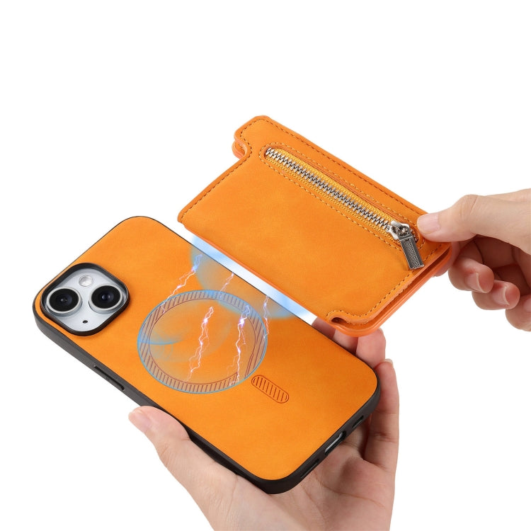 For iPhone 14 Retro MagSafe Zipper Wallet Card Bag Back Phone Case