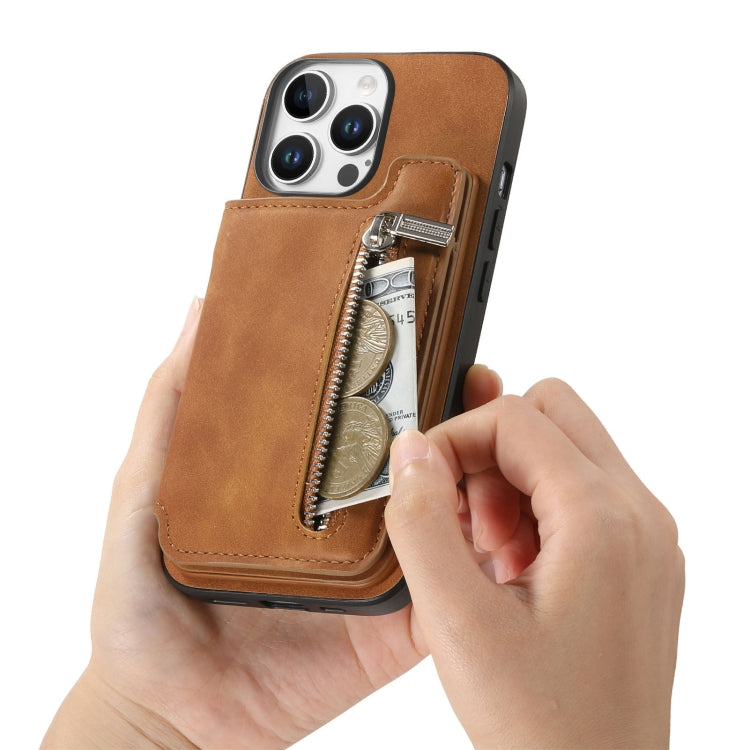 For iPhone 14 Pro Retro MagSafe Zipper Wallet Card Bag Back Phone Case