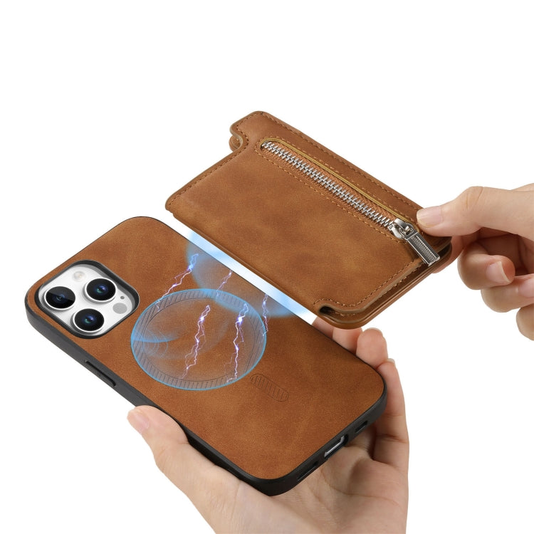 For iPhone 11 Pro Max Retro MagSafe Zipper Wallet Card Bag Back Phone Case