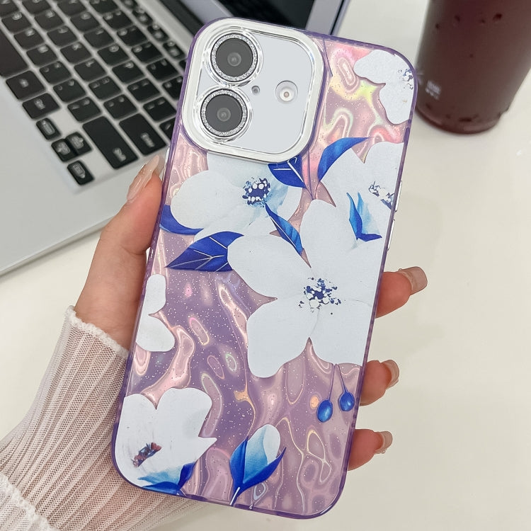 For iPhone 16 Plus Electroplating Flowers Plants Texture TPU Phone Case