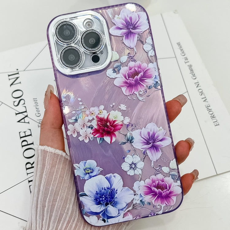 For iPhone 15 Pro Electroplating Flowers Plants Texture TPU Phone Case