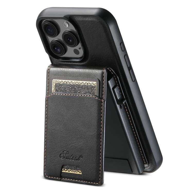 For iPhone 15 Pro Max Suteni H19 Oil Wax 2-in-1 MagSafe Removable Card Box Back Phone Case