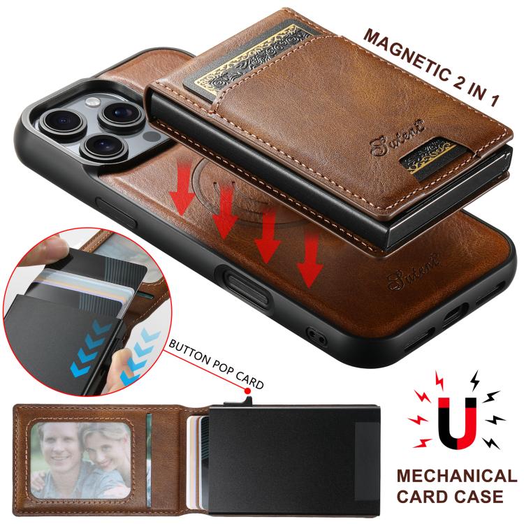 For iPhone 15 Plus Suteni H19 Oil Wax 2-in-1 MagSafe Removable Card Box Back Phone Case