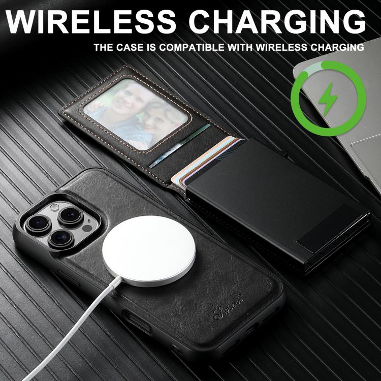 For iPhone 14 Suteni H19 Oil Wax 2-in-1 MagSafe Removable Card Box Back Phone Case