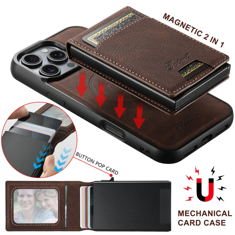 For iPhone 15 Suteni H19 Litchi Grain 2-in-1 MagSafe Removable Card Box Back Phone Case