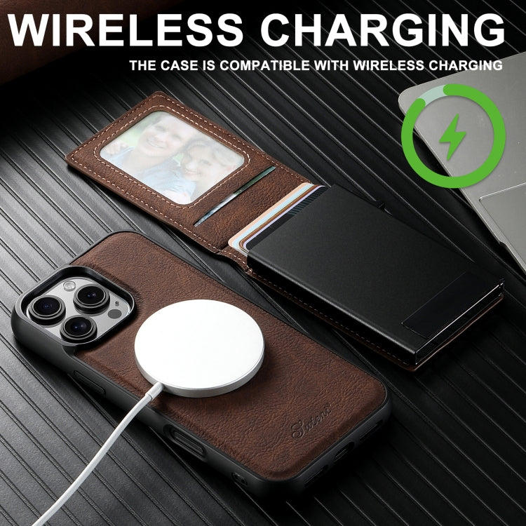 For iPhone 14 Pro Suteni H19 Litchi Grain 2-in-1 MagSafe Removable Card Box Back Phone Case