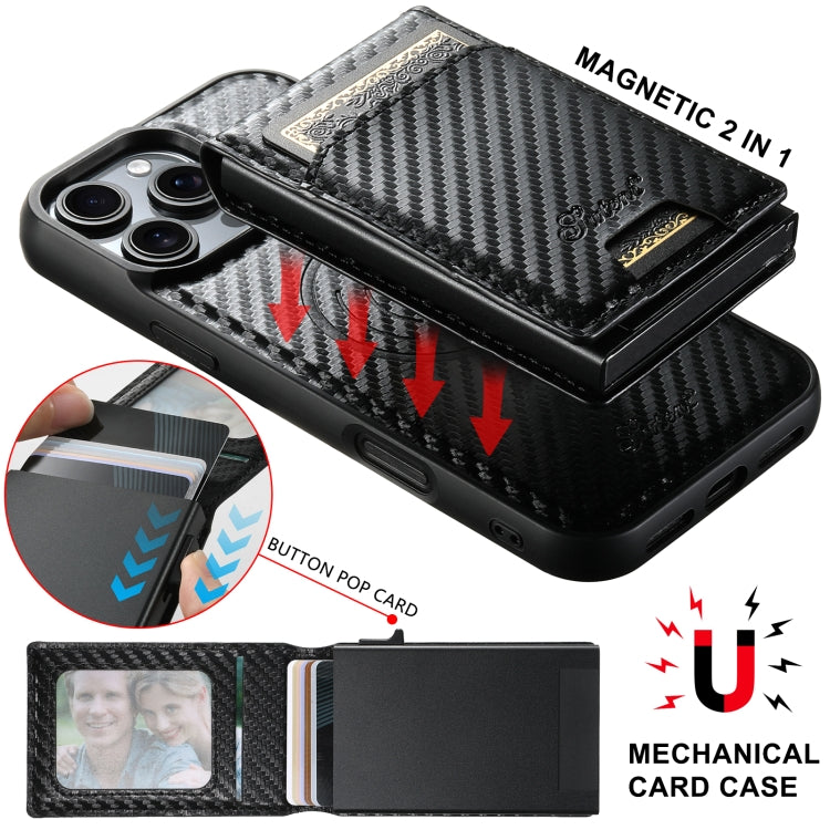 For iPhone 15 Pro Max Suteni H19 Carbon Fiber Grain 2-in-1 MagSafe Removable Card Box Back Phone Case - Black