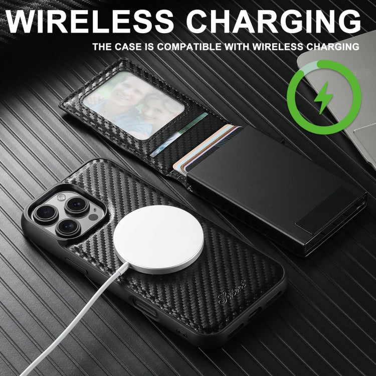 For iPhone 14 Suteni H19 Carbon Fiber Grain 2-in-1 MagSafe Removable Card Box Back Phone Case - Black