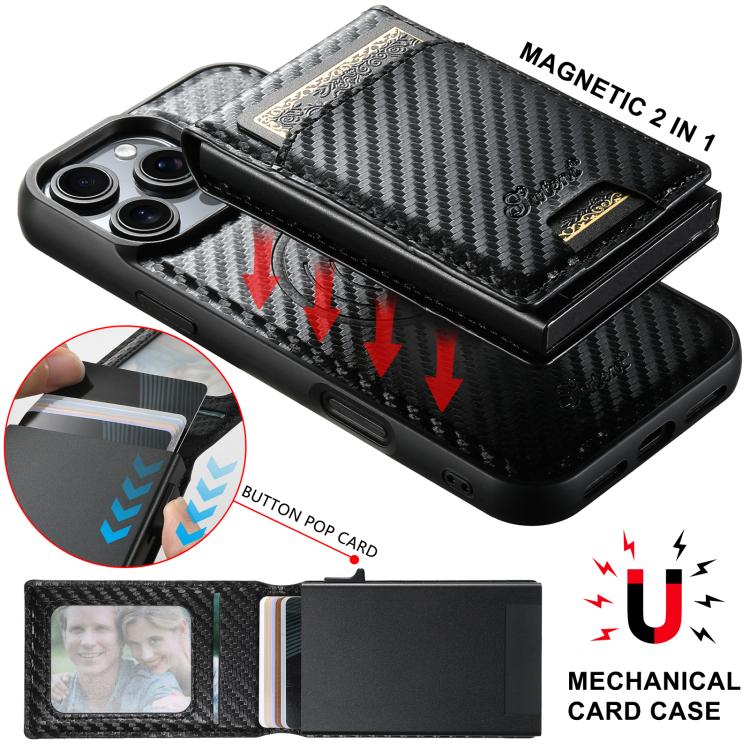 For iPhone 17 Pro Suteni H19 Carbon Fiber Grain 2-in-1 MagSafe Removable Card Box Back Phone Case - Black