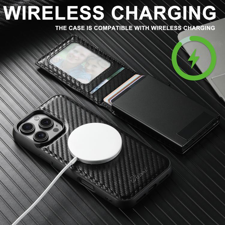 For iPhone 17 Suteni H19 Carbon Fiber Grain 2-in-1 MagSafe Removable Card Box Back Phone Case - Black