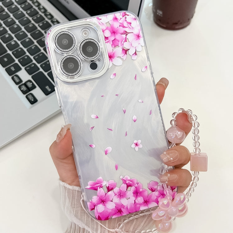 For iPhone 16 Pro Max Electroplating Flowers Plants Texture Wristband TPU Phone Case