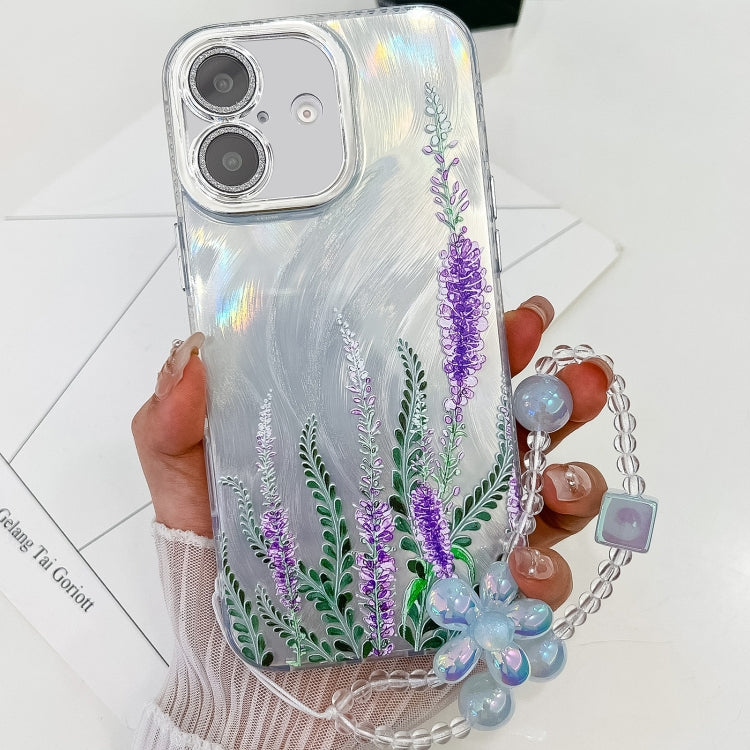 For iPhone 16 Plus Electroplating Flowers Plants Texture Wristband TPU Phone Case