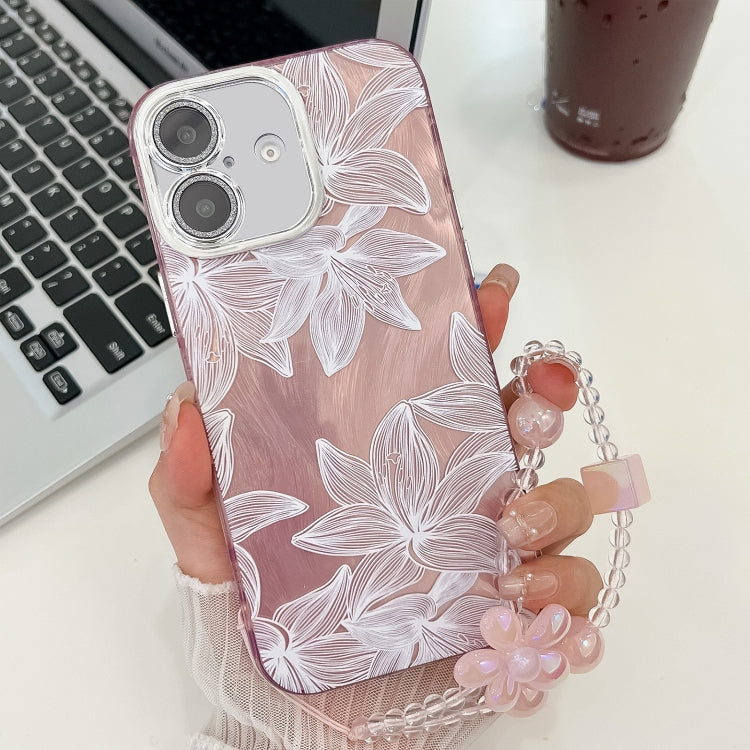 For iPhone 16 Plus Electroplating Flowers Plants Texture Wristband TPU Phone Case