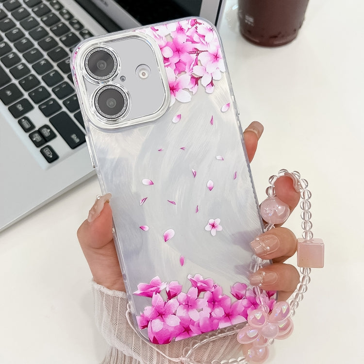 For iPhone 16 Plus Electroplating Flowers Plants Texture Wristband TPU Phone Case
