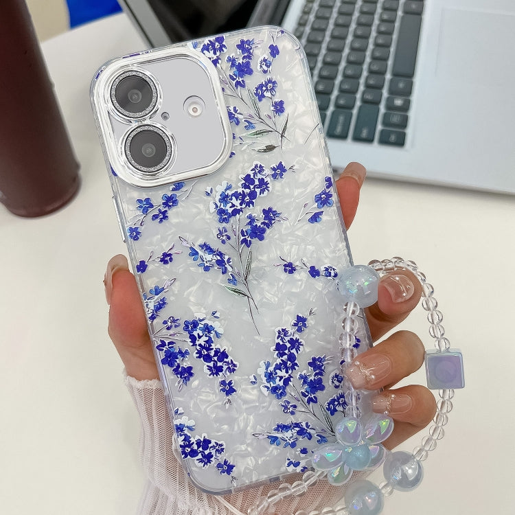 For iPhone 16 Plus Electroplating Flowers Plants Texture Wristband TPU Phone Case