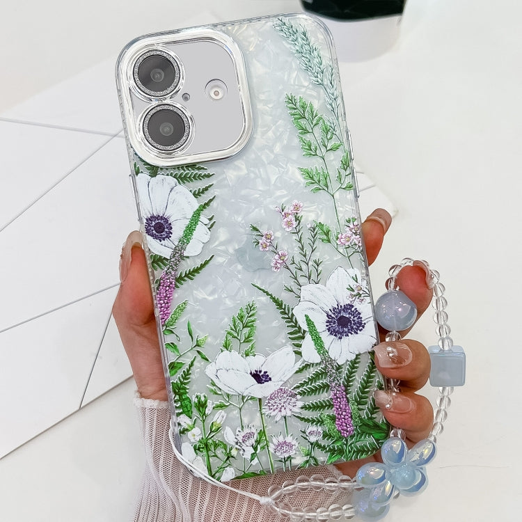For iPhone 16 Electroplating Flowers Plants Texture Wristband TPU Phone Case