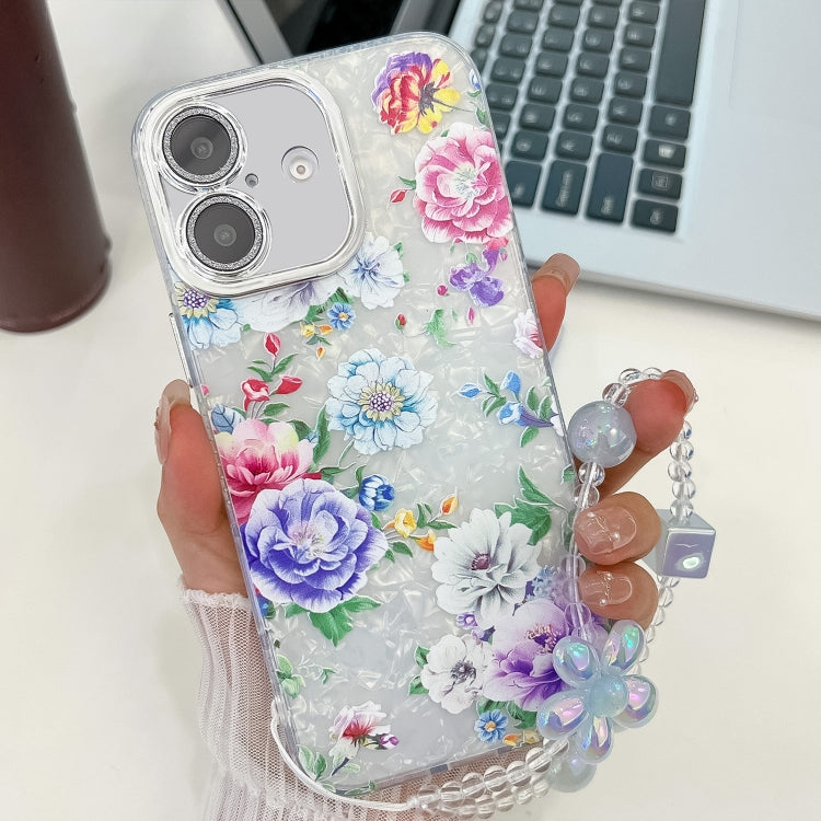 For iPhone 16 Electroplating Flowers Plants Texture Wristband TPU Phone Case