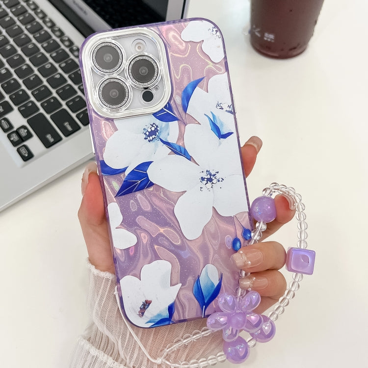 For iPhone 15 Pro Max Electroplating Flowers Plants Texture Wristband TPU Phone Case