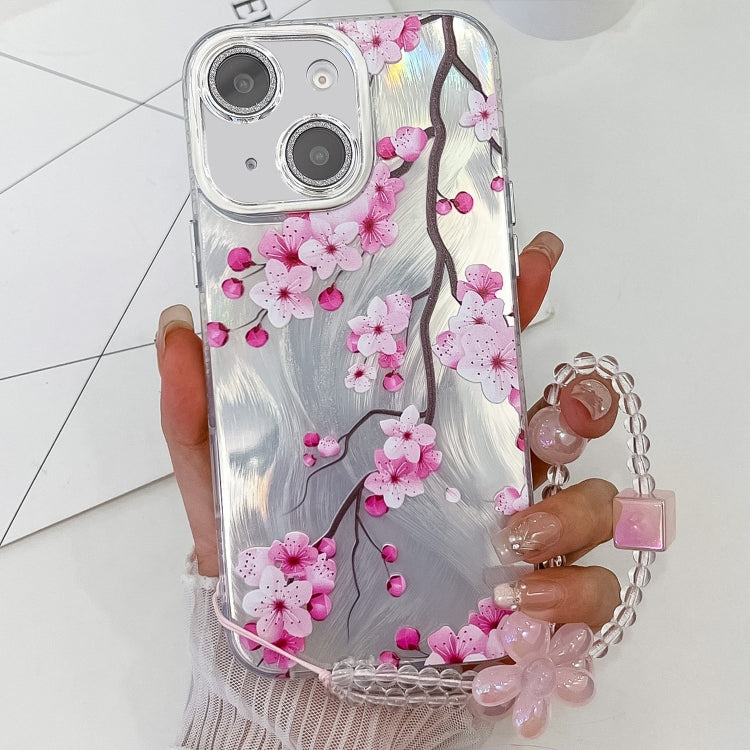 For iPhone 15 Electroplating Flowers Plants Texture Wristband TPU Phone Case