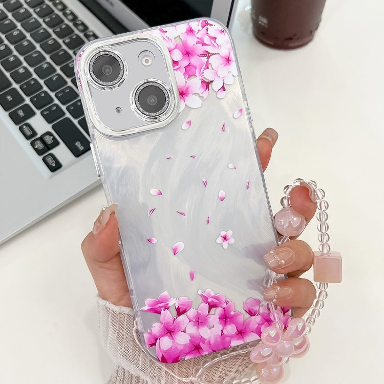 For iPhone 15 Electroplating Flowers Plants Texture Wristband TPU Phone Case