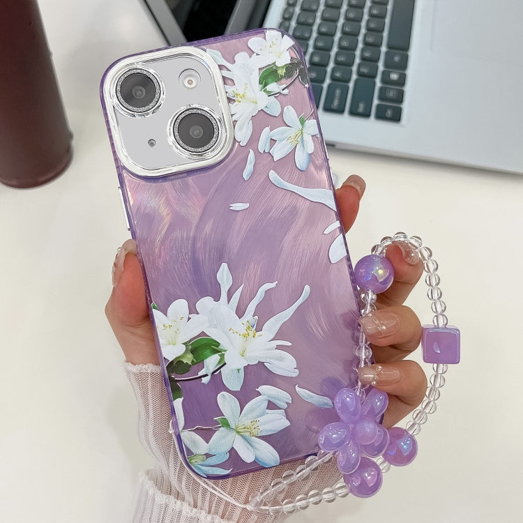 For iPhone 15 Electroplating Flowers Plants Texture Wristband TPU Phone Case