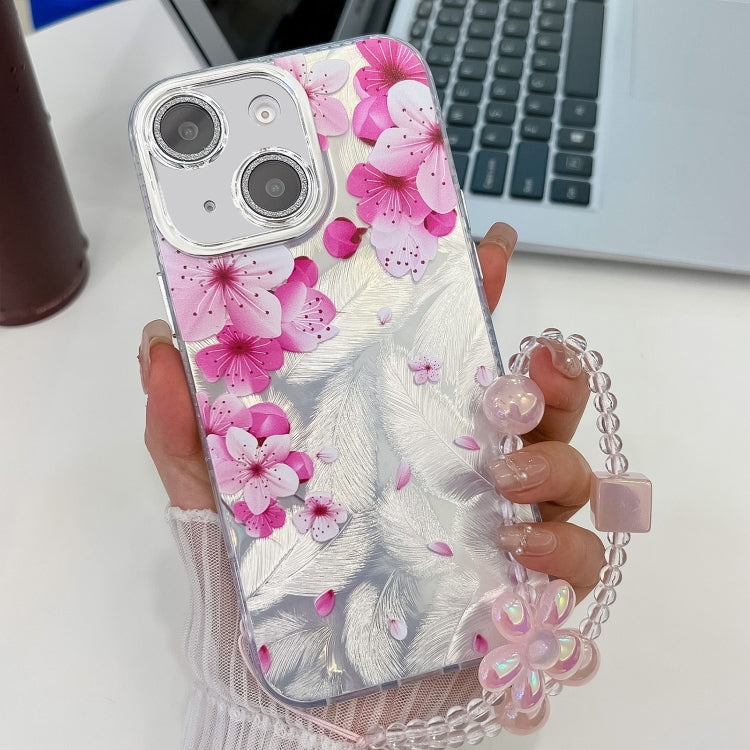 For iPhone 15 Electroplating Flowers Plants Texture Wristband TPU Phone Case