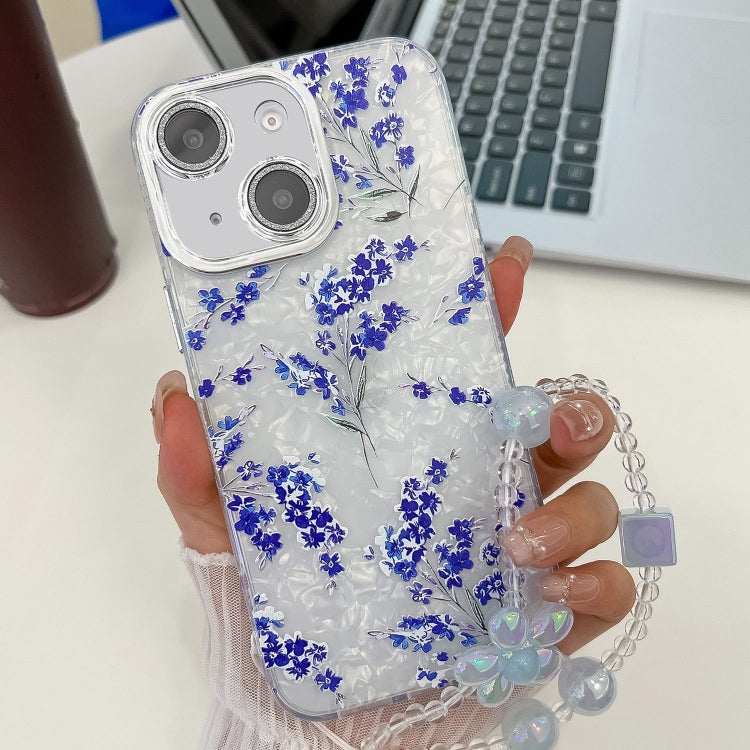 For iPhone 14 Electroplating Flowers Plants Texture Wristband TPU Phone Case