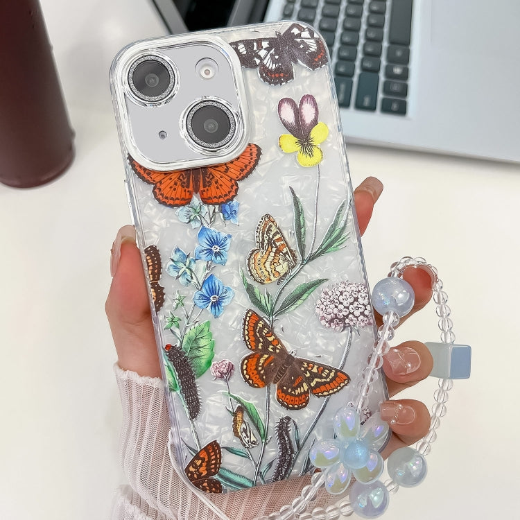 For iPhone 14 Electroplating Flowers Plants Texture Wristband TPU Phone Case