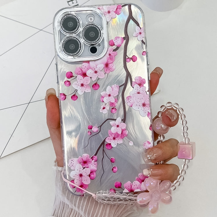 For iPhone 14 Pro Electroplating Flowers Plants Texture Wristband TPU Phone Case