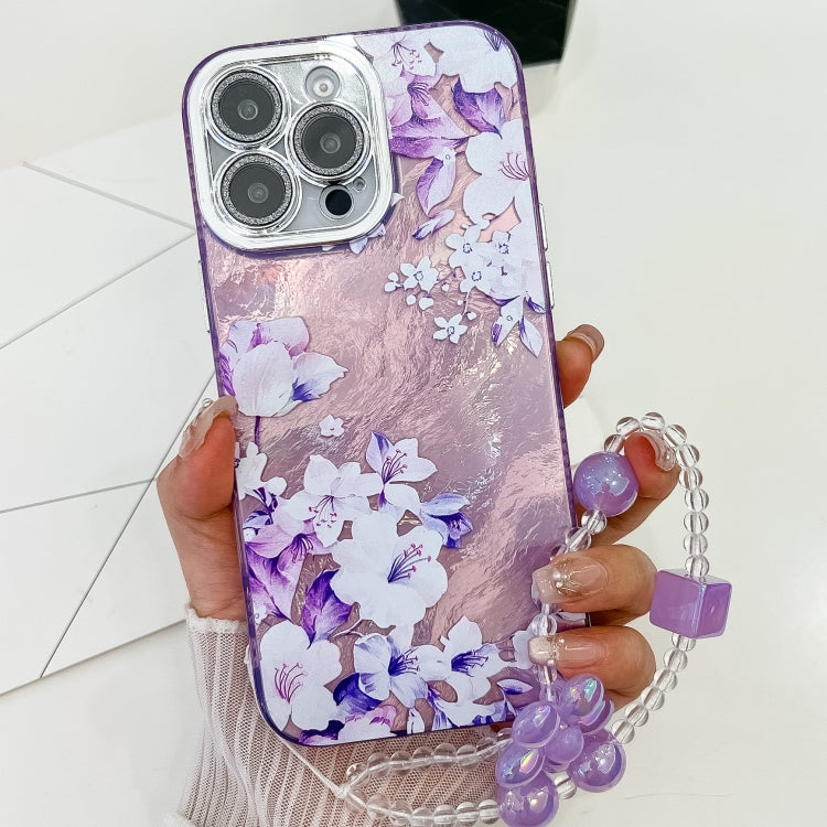 For iPhone 14 Pro Max Electroplating Flowers Plants Texture Wristband TPU Phone Case