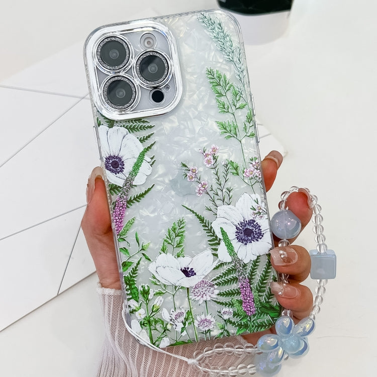 For iPhone 14 Pro Max Electroplating Flowers Plants Texture Wristband TPU Phone Case