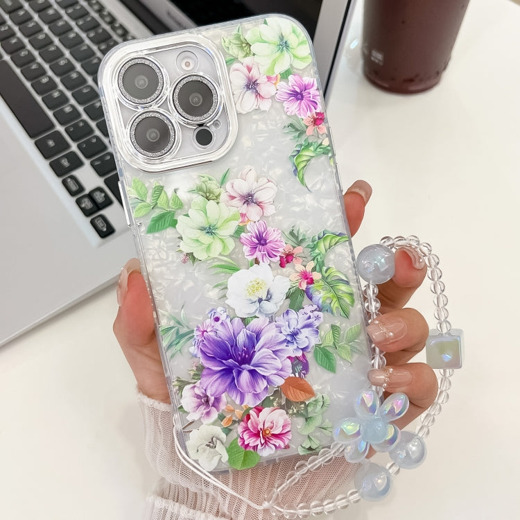 For iPhone 14 Pro Max Electroplating Flowers Plants Texture Wristband TPU Phone Case