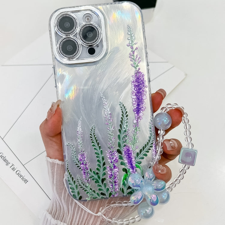 For iPhone 13 Pro Max Electroplating Flowers Plants Texture Wristband TPU Phone Case