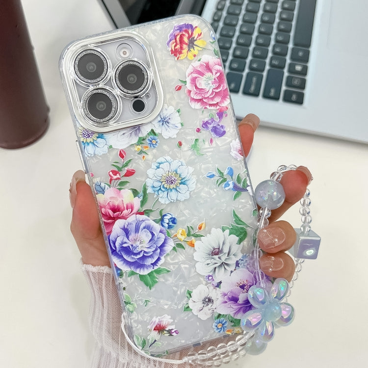 For iPhone 13 Pro Max Electroplating Flowers Plants Texture Wristband TPU Phone Case