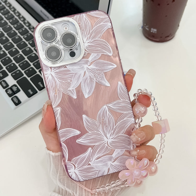 For iPhone 13 Pro Electroplating Flowers Plants Texture Wristband TPU Phone Case